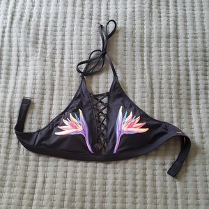 Victoria Secret Black/Embroidered Lace up Swim Top